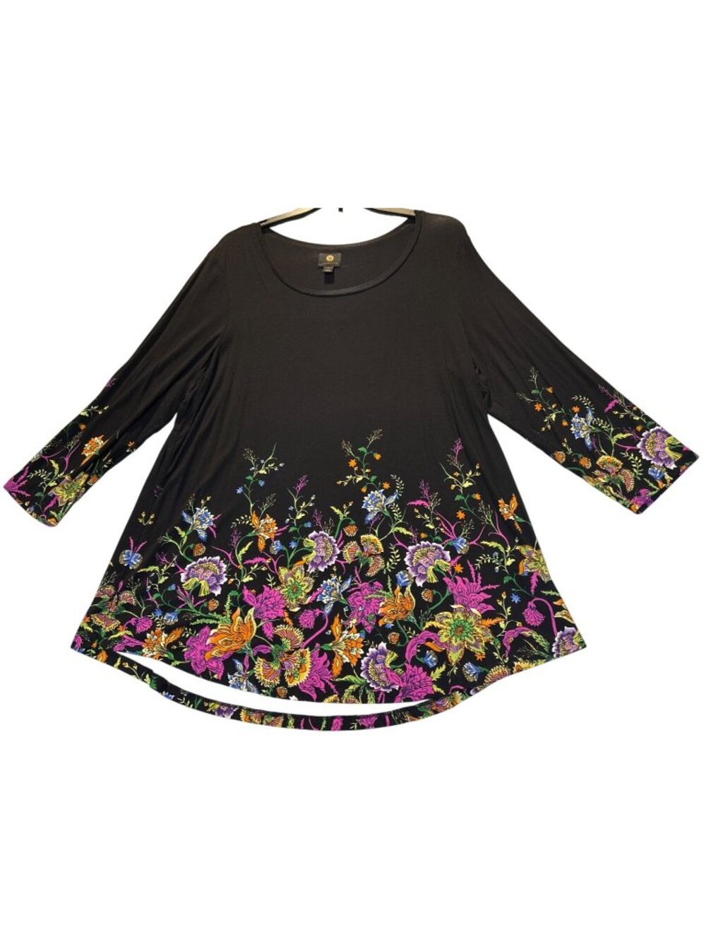 JM Collection Womens 1X Black Floral Print 3/4 Sleeve High-Low Tunic Top